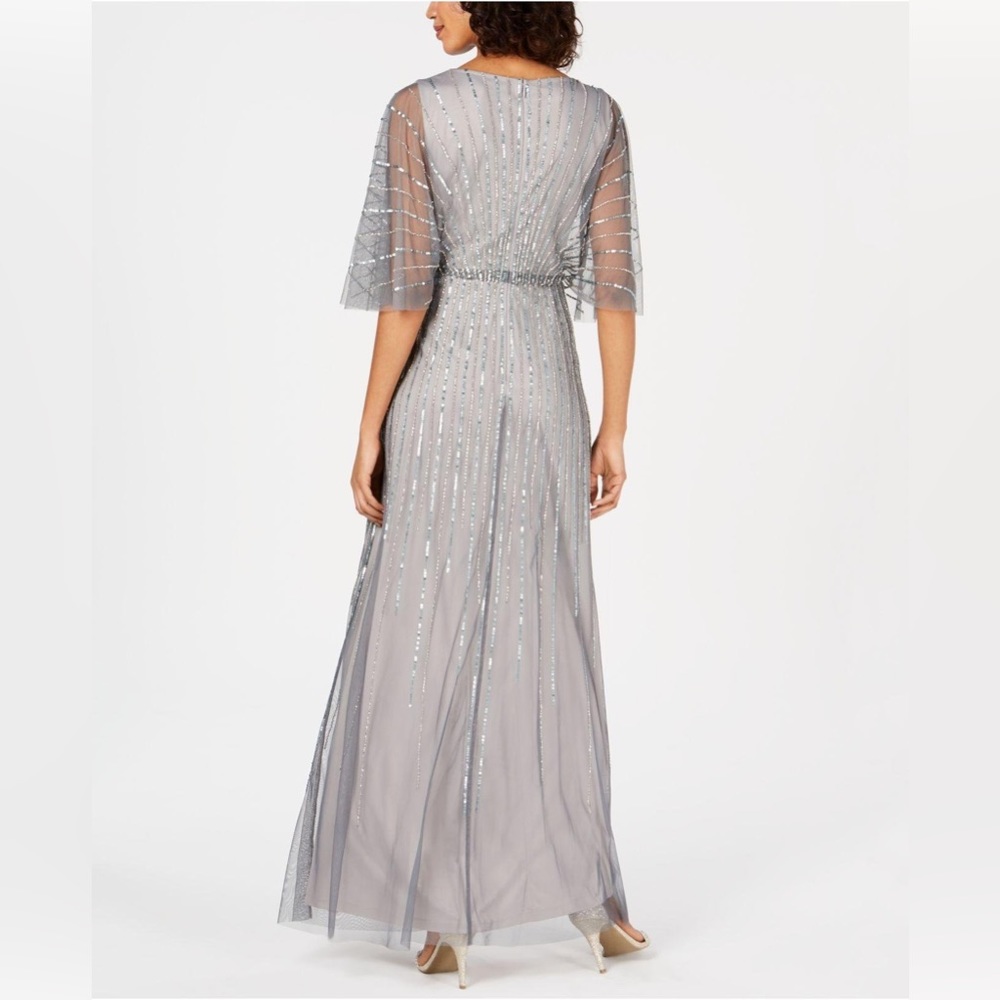 Adrianna Papell Silver Sequined V-Neck Flutter Sleeve Evening Gown - Picture 2 of 16